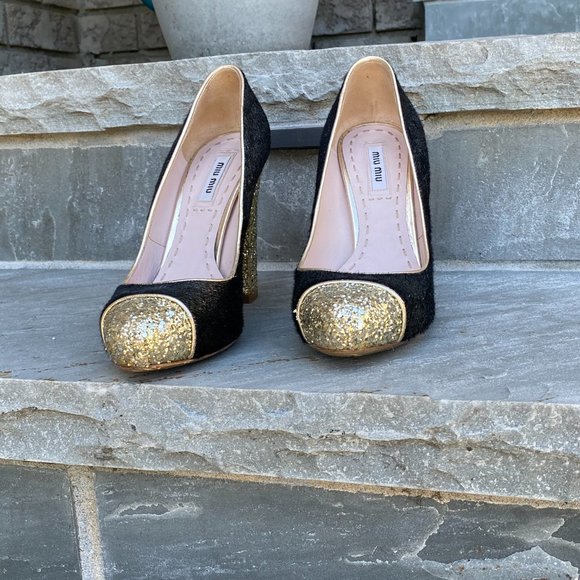 Miu Miu Calf Hair and Gold Glitter Cap Toe Pumps - Picture 4 of 5